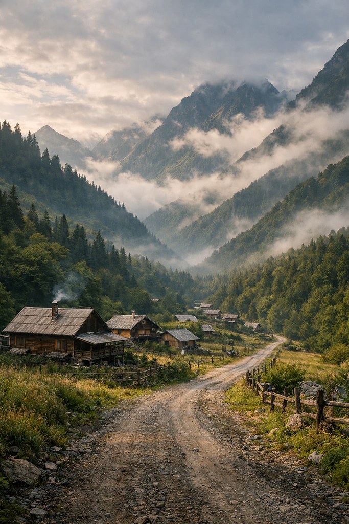 Исторический облик Красной Поляны в горной долине Кавказа Горная долина Красной Поляны с небольшими домами и природным ландшафто